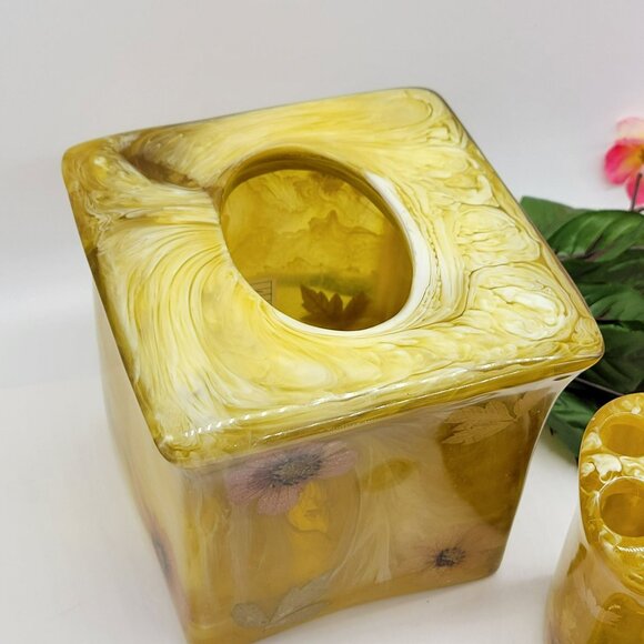 3 Pc Bathroom Set Tissue Box Toothbrush Holder Canister Pressed Flowers Acrylic - Picture 11 of 16